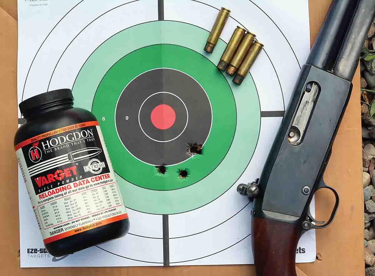 Brian developed load data with many modern propellants including Hodgdon Varget, that proved accurate, with 100-yard groups shrinking below 2 inches from the Remington Model 141 Gamemaster pump-action rifle fitted with a Redfield aperture rear sight.